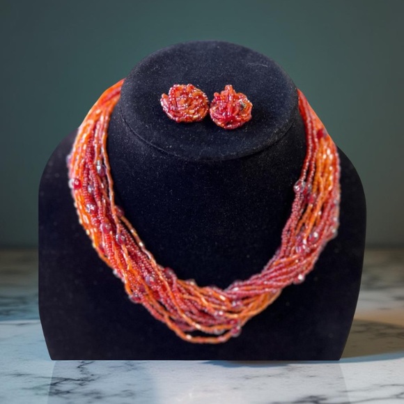 Seed Bead  Orange necklace and earrings - multi strand New Boutique - Picture 6 of 8